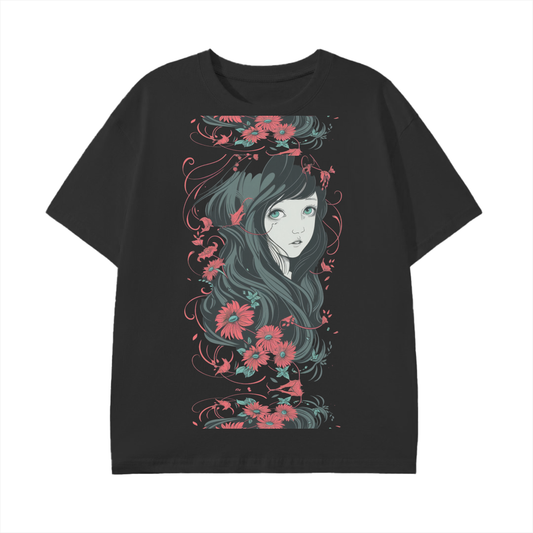 Black Charcoal Grey Floral Girl Profile Anime Unisex Reflective Mirror Profile Graphic Unisex Classic T-Shirt