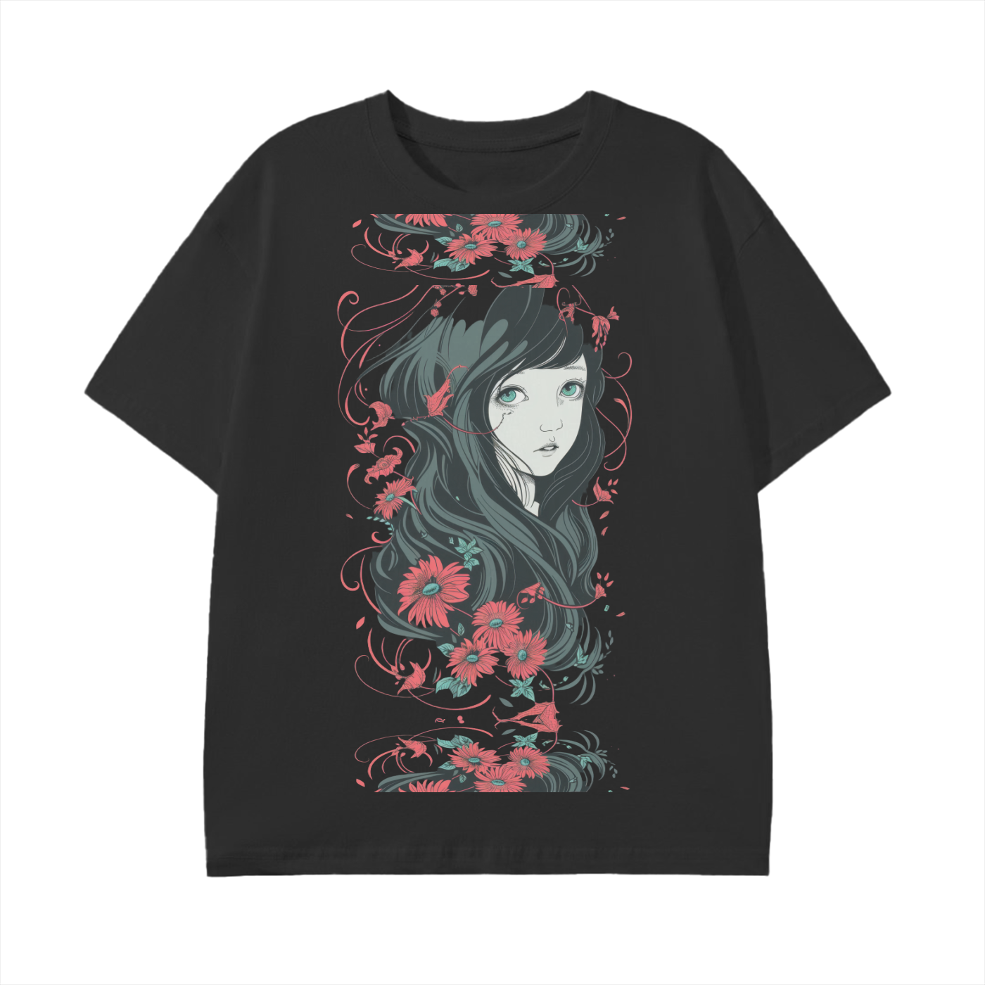 Black Charcoal Grey Floral Girl Profile Anime Unisex Reflective Mirror Profile Graphic Unisex Classic T-Shirt