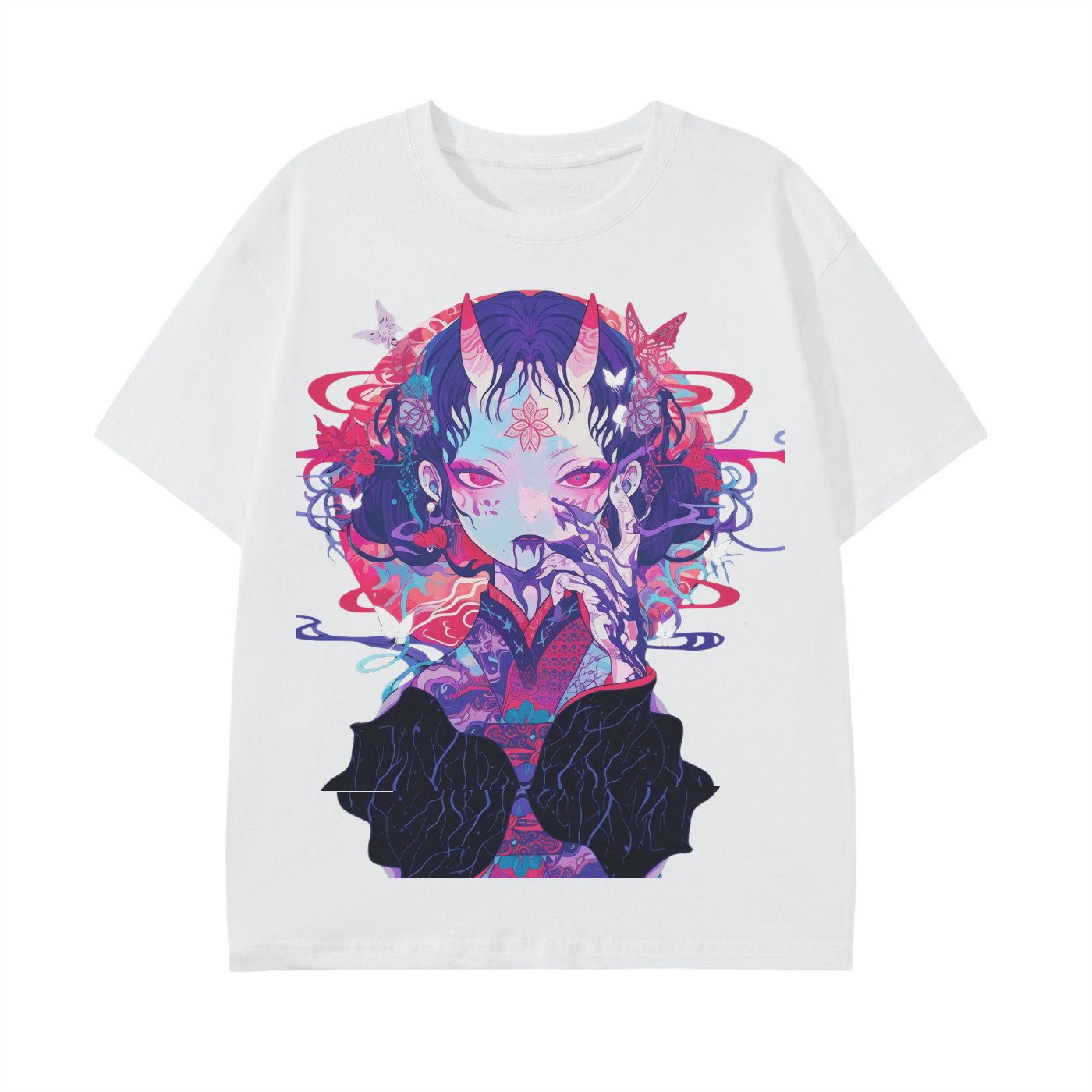 Anime Vampiric Ghost Illusion Witch Lotus Horns Reflective Butterfly Kabuki Graphic Unisex Classic T-Shirt