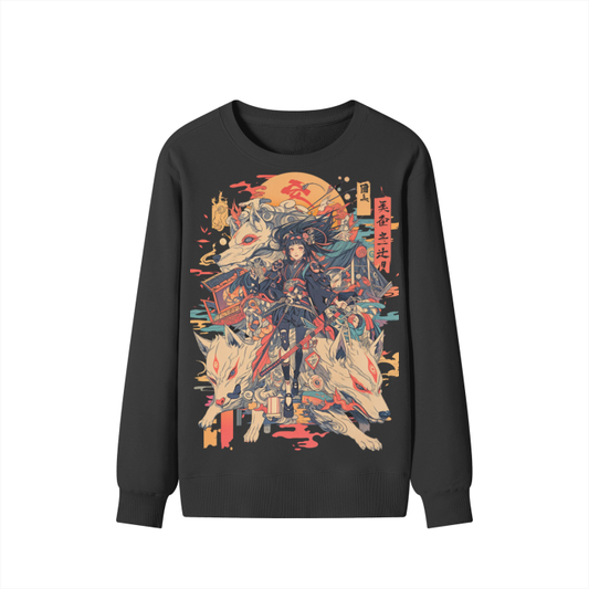 Sepia Fox Yokai Samurai Scroll Girl Streetwear Pullover Classic Sweater - 300 GSM