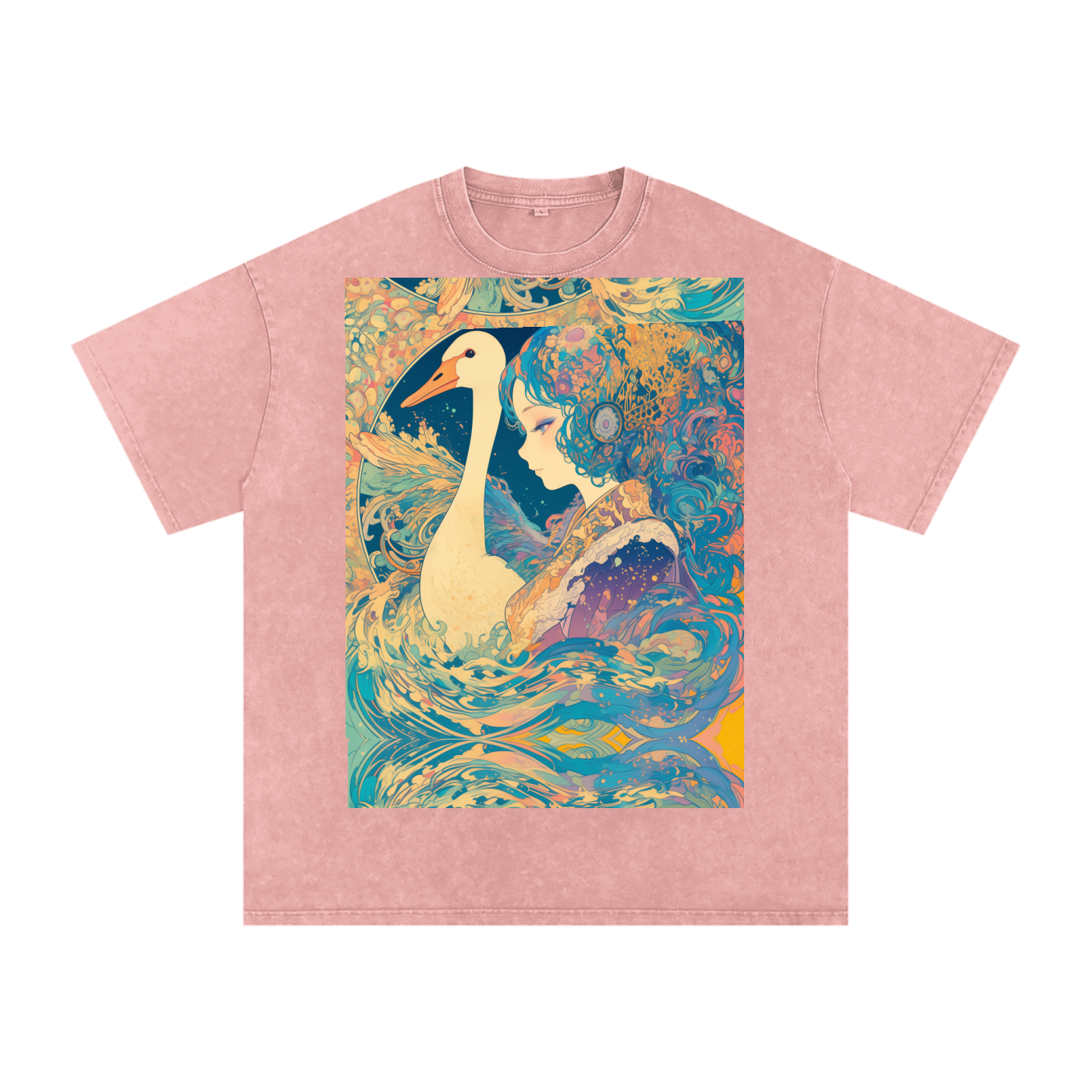 Goose Psychedelic Art Nouveau Moon Beach Wave Bordered Silhouette Anime Pagan Water Goddess Unisex T-Shirt--Snow Washed Oversized Cotton T-Shirt