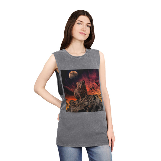 Hyrax Western Sky Rocks Sunset with Moon UnisexGrey Stonewash Tank Top