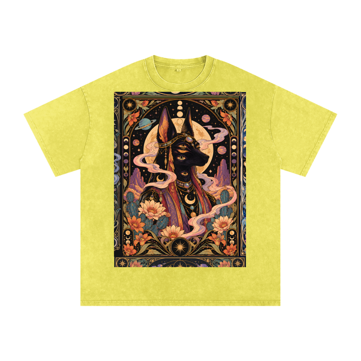 Anubis Egyptian Lotus Moon Tarot Grunge Psy Festival Snow Washed Oversized Cotton T-Shirt Tee