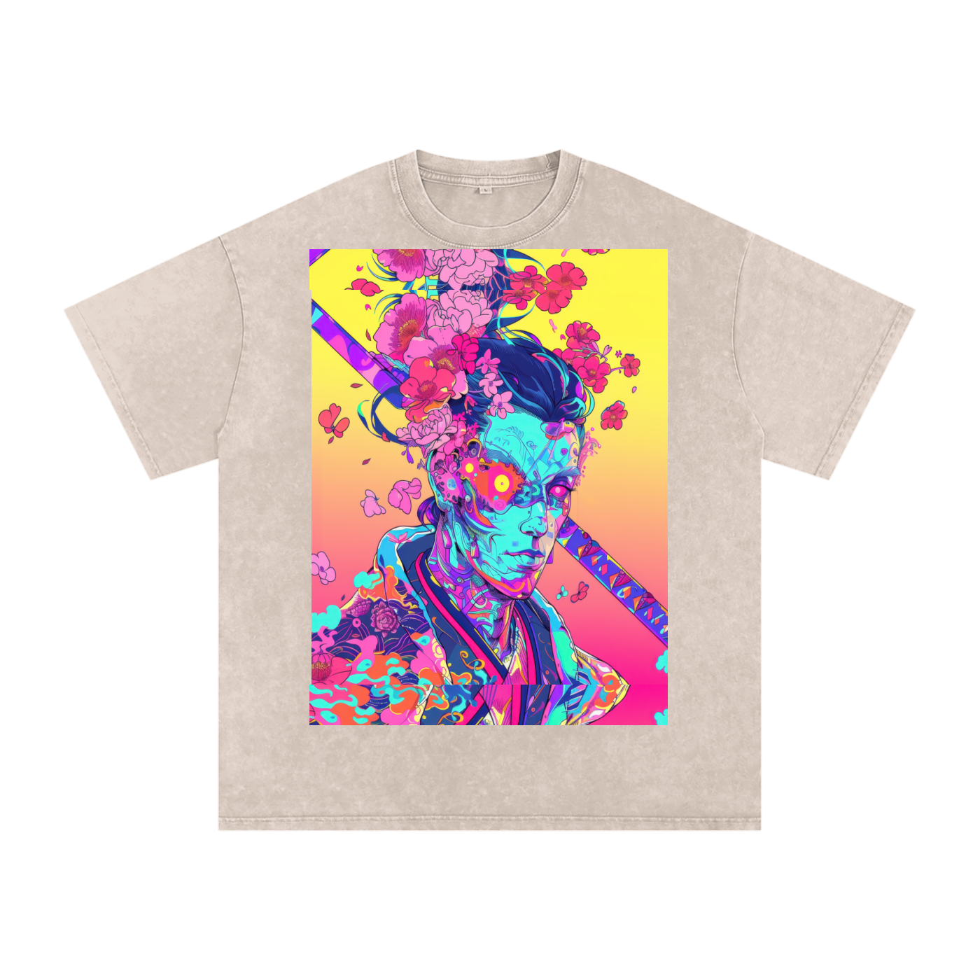 Avant Ombre Floral Samurai Cherry Blossoms Unisex Tee Snow Washed Oversized Cotton T-Shirt