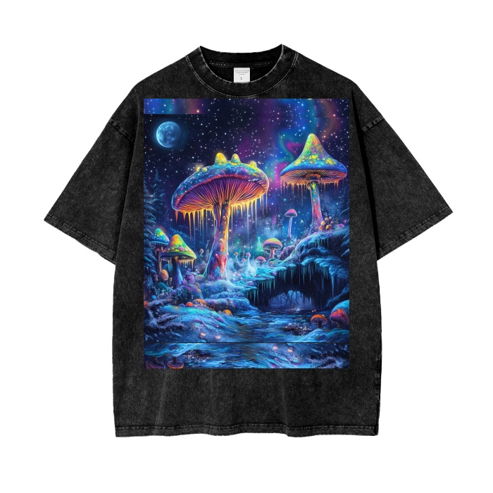 Psychedelic Winter Moonlight Muscaria Ice Space Galaxies Festival Psy Acid Wash Oversize T-Shirt - 250 GSM