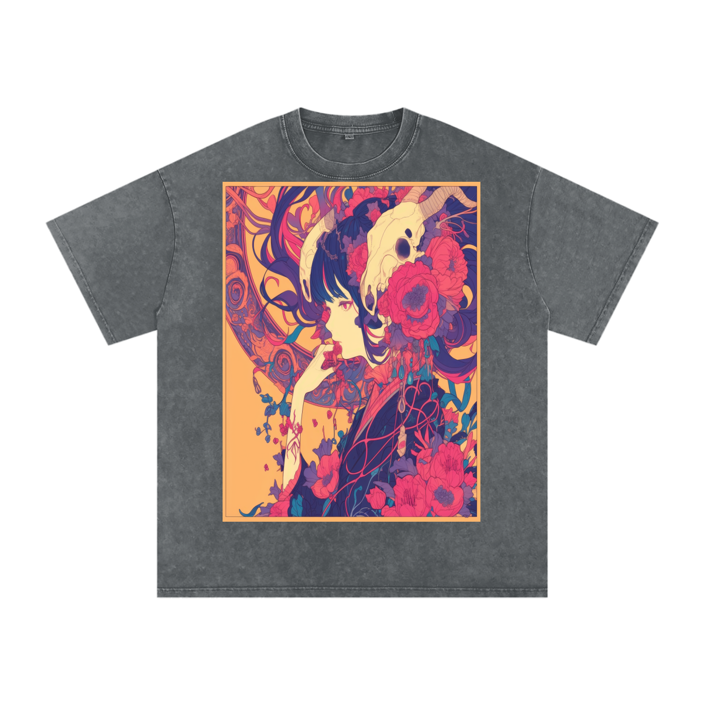 Autumn Avant Yellow Girl Floral Nouveau Skull Unisex Tee-Snow Washed Oversized Cotton T-Shirt