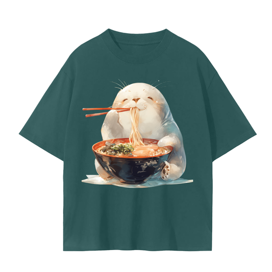 Happy Chibi Anime Seal Eating Ramen with Chopsticks Unisex Seamless T-Shirt