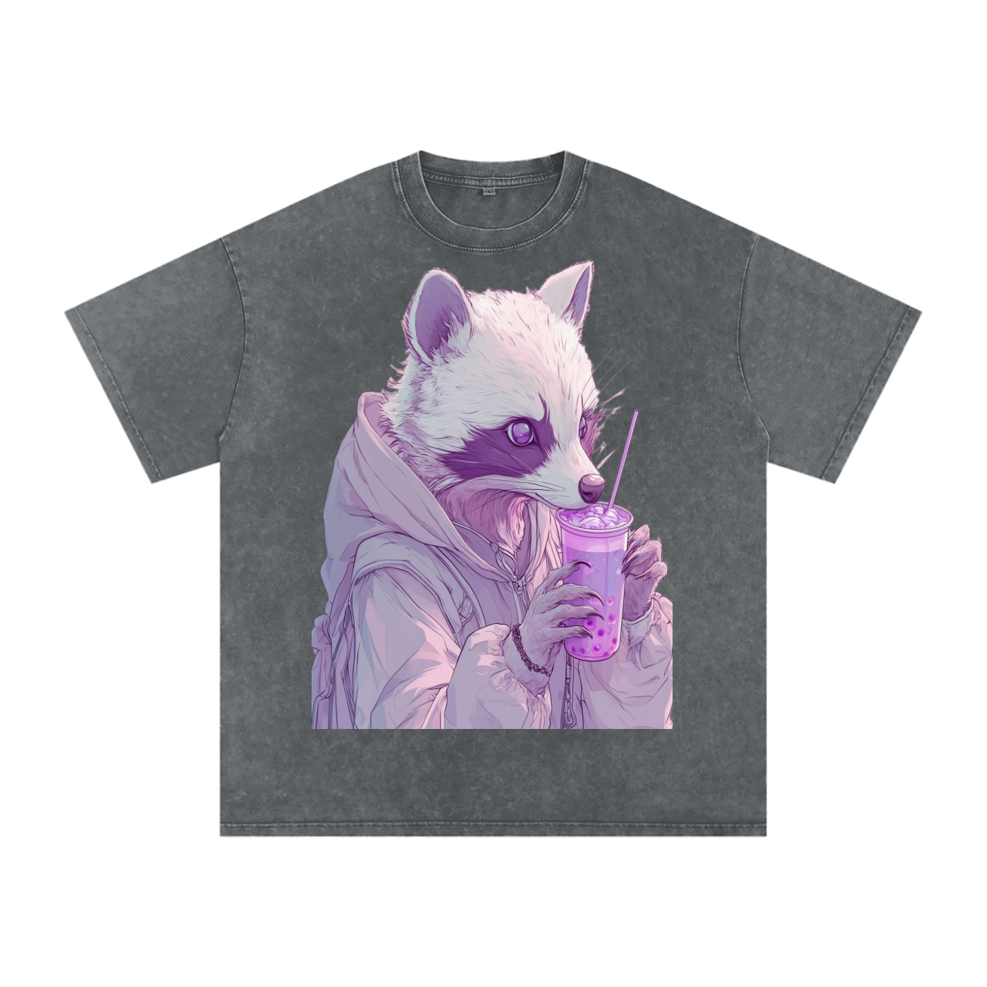 Pastel Pink Lavender Racoon Rainy Day Grunge Punk Anime Boba Tea Boyfriend fit Acid Wash Oversize T-Shirt - Cotton  Acid Wash Oversize T-Shirt - 250 GSM