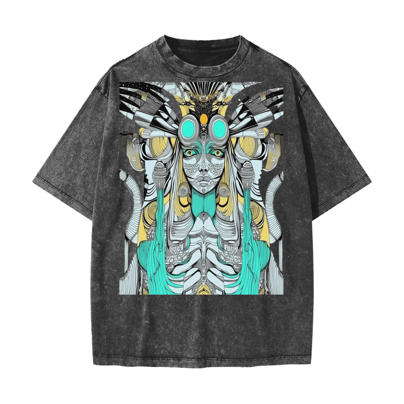 Alien Aztec Atlantean Tribal Vision Psychedelic Rave Streetwear American Vintage Waxed Dyed Washed  Heavyweight 100% Cotton T-Shirt