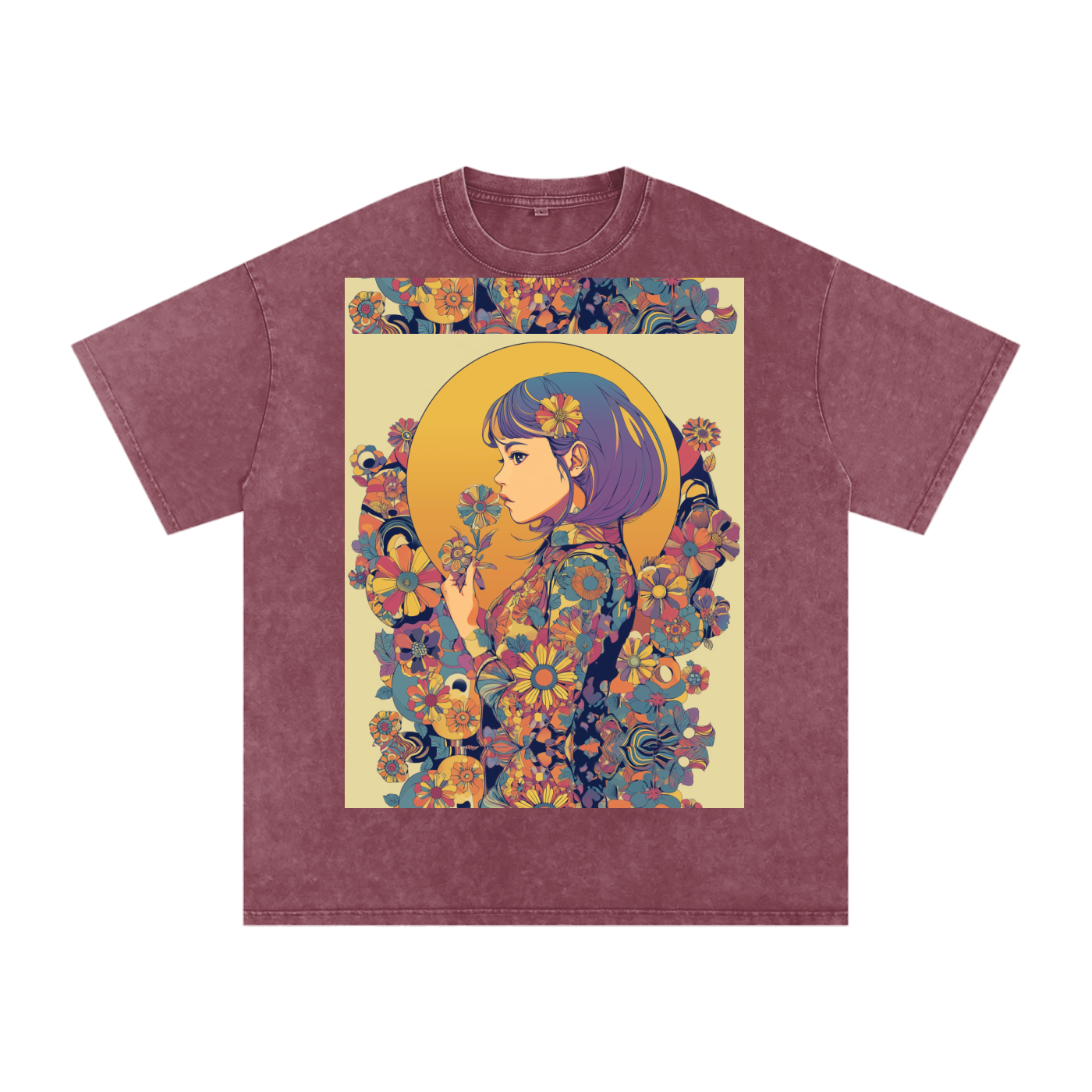 Retro Moon Boho Flapper Nouveau floral flower Maiden Snow Washed Oversized Cotton T-Shirt