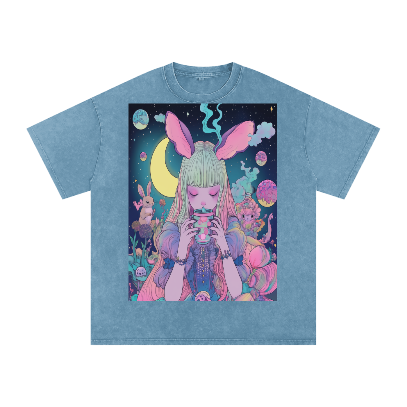 Tea Time Boba UV Pastel Alice SipTee by Moonlight Snow Washed Oversized Cotton T-Shirt