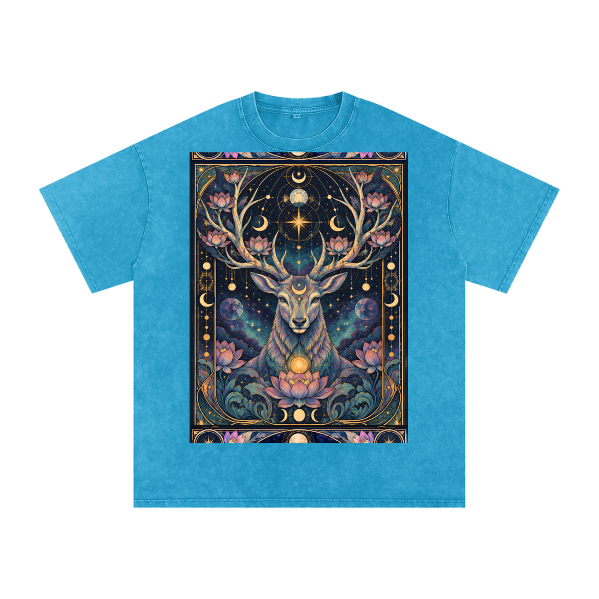 Cosmic Space Deer Lotus Moon Grunge Psy Festival Snow Washed Oversized Cotton T-Shirt