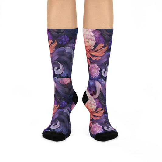 Pink Floral Lotus Scale Swirl Pastel Anime Orient Cushioned Crew Socks