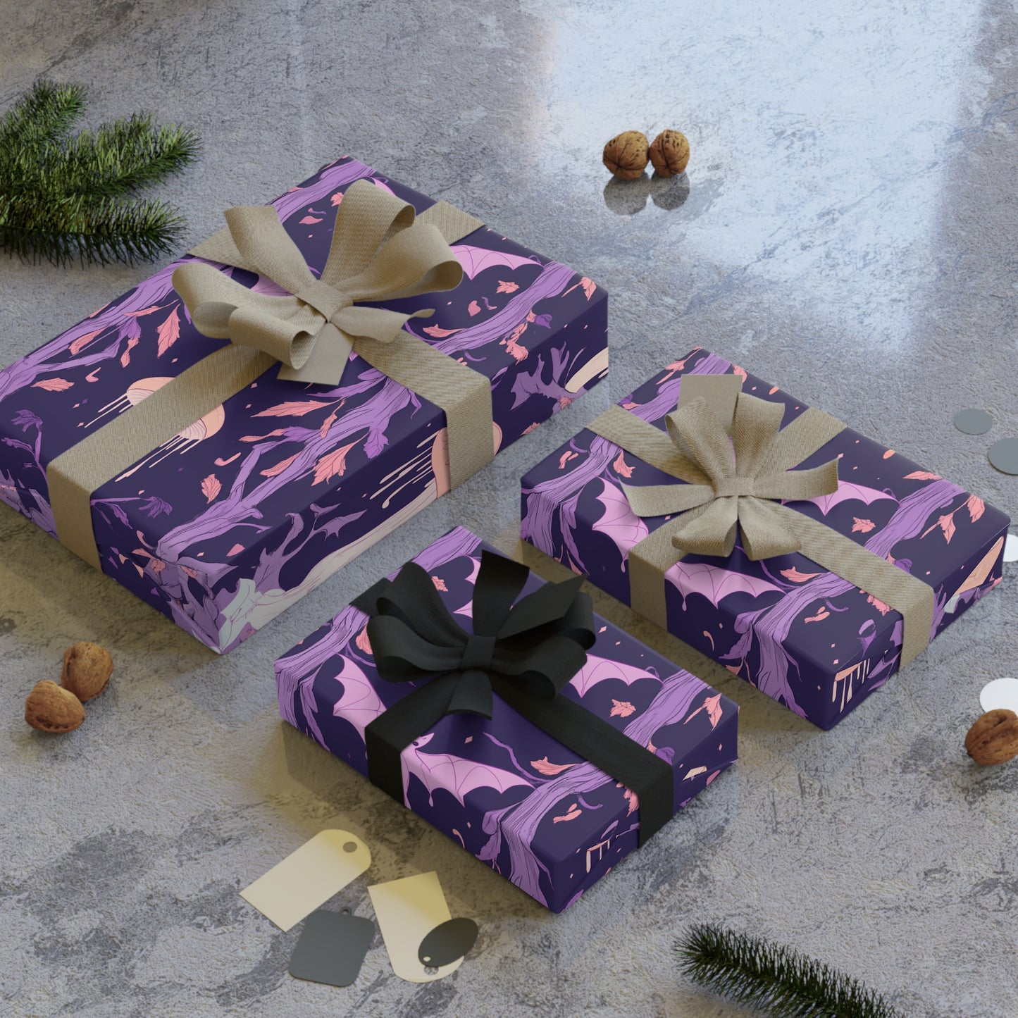 Purple Bat Art Nouveau Pastel Shroom Leaves Fall Boho Witchcore Pagan Gift Wrapping Paper Rolls, 1pc