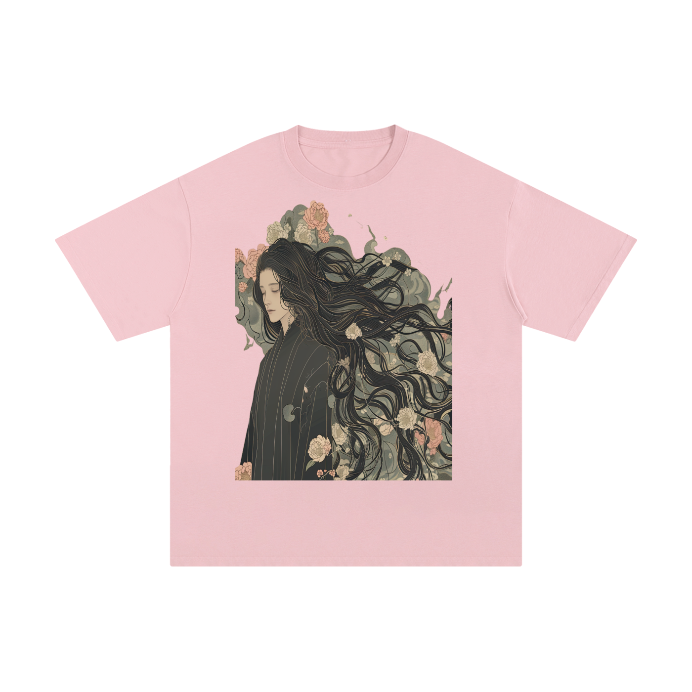 Floral Grey Elegant Cherry Blossom Kimono Man long hair Pure Cotton T-Shirt