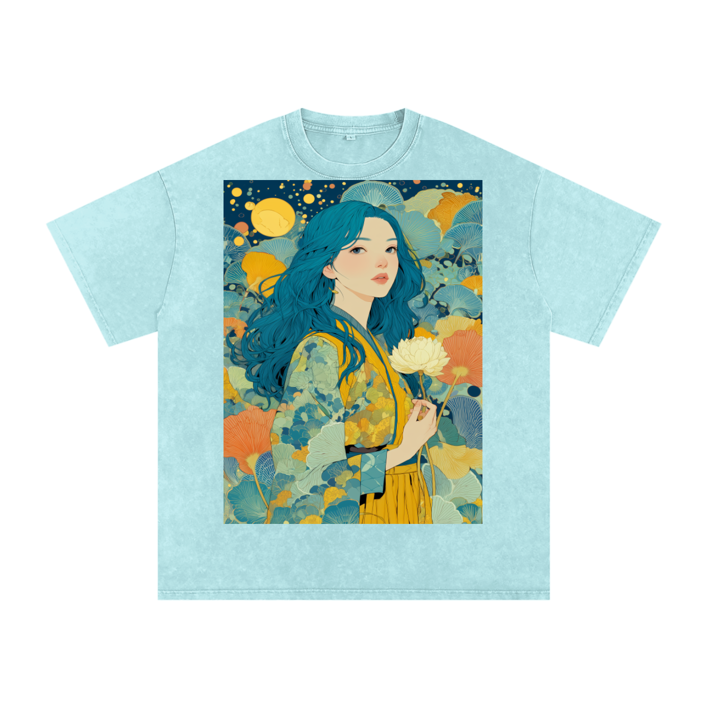 Teal Full Moon Lotus Goddess Psychedelic Art Nouveau Snow Washed Oversized Cotton T-Shirt