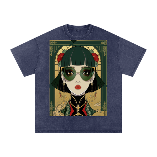 Green Steam Punk Avant Anime lady Unisex Tee Snow Washed Oversized Cotton T-Shirt