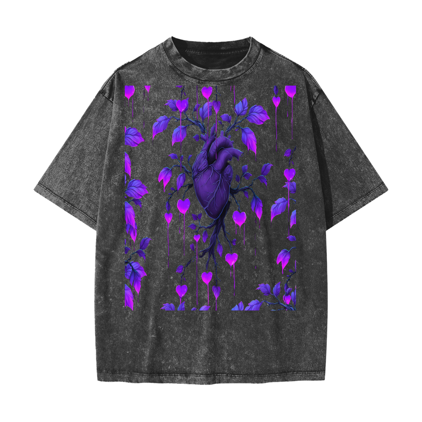 Neon Purple Heart Vine Goth Rave Festival Grunge Floral Snow Washed T-Shirt