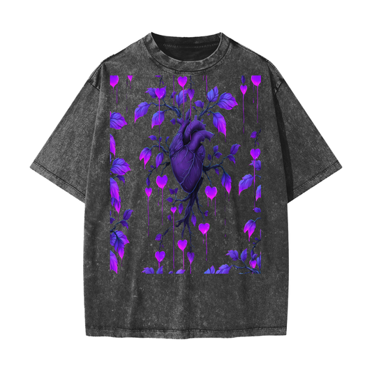 Neon Purple Heart Vine Goth Rave Festival Grunge Floral Snow Washed T-Shirt