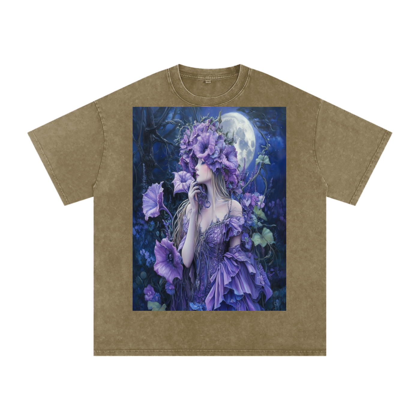 Lavender Datura Moon lit Trumpet Flower Fairy Snow Washed Oversized Cotton T-Shirt