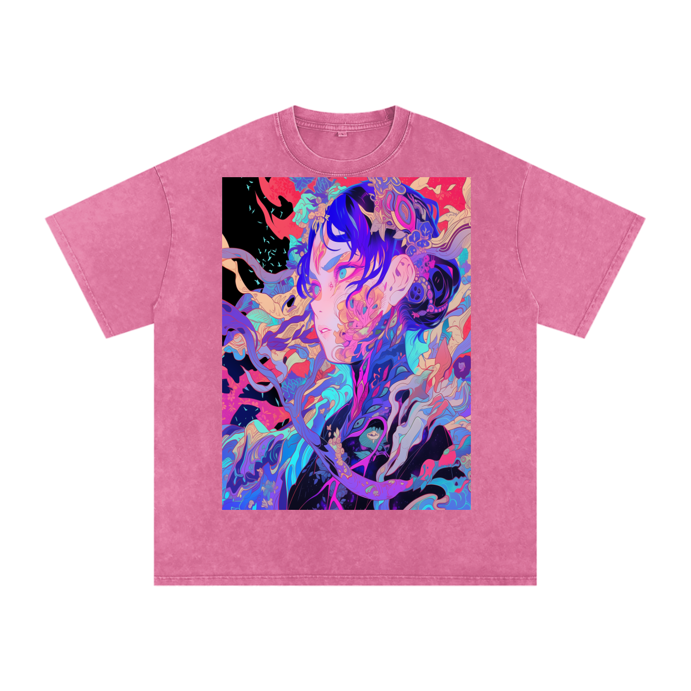 Fractal Kaleidescope Avant Anime lady Uv Neon Unisex Snow Washed Oversized Cotton T-Shirt