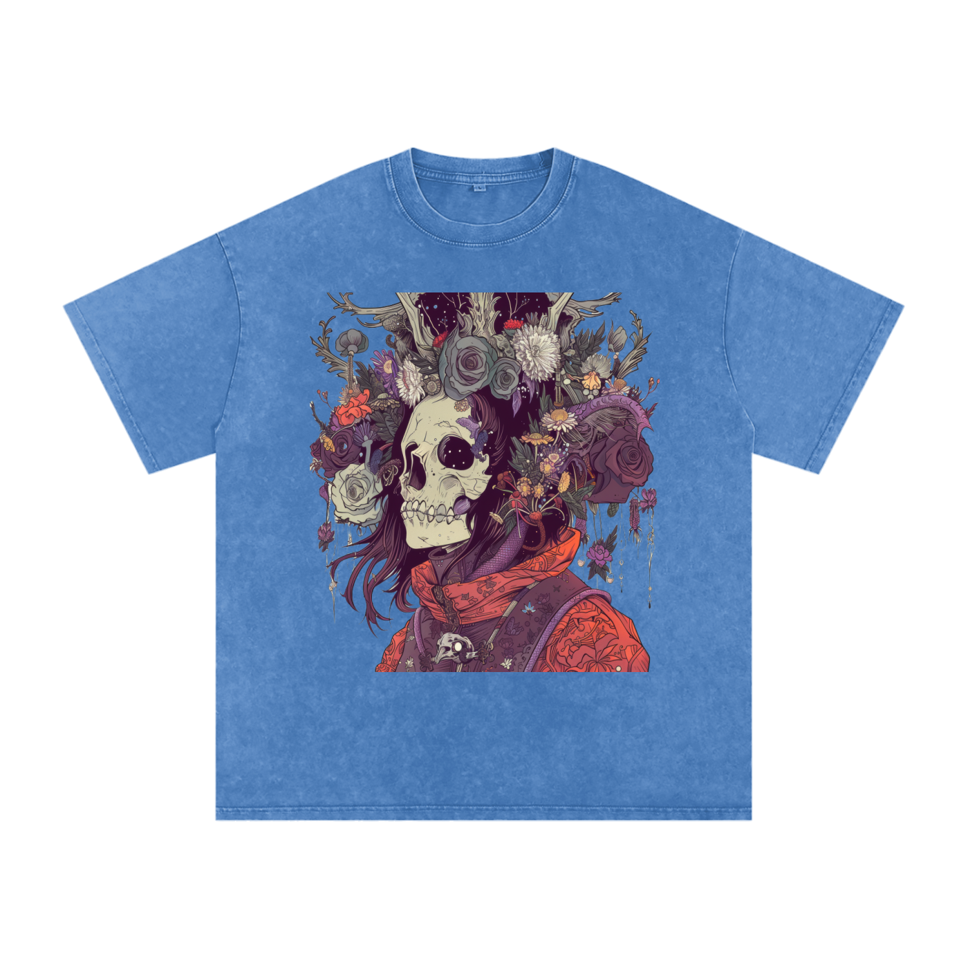 Skull Floral Sepia Warrior Tattoo Abstract Unisex graphic Tee Snow Washed Oversized Cotton T-Shirt