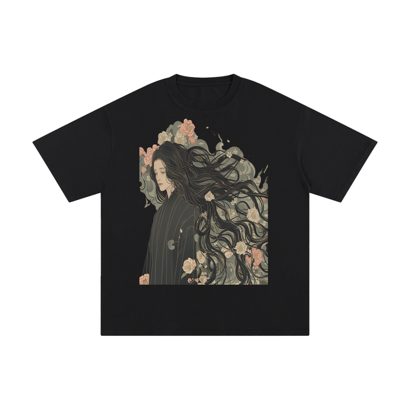 Floral Grey Elegant Cherry Blossom Kimono Man long hair Pure Cotton T-Shirt