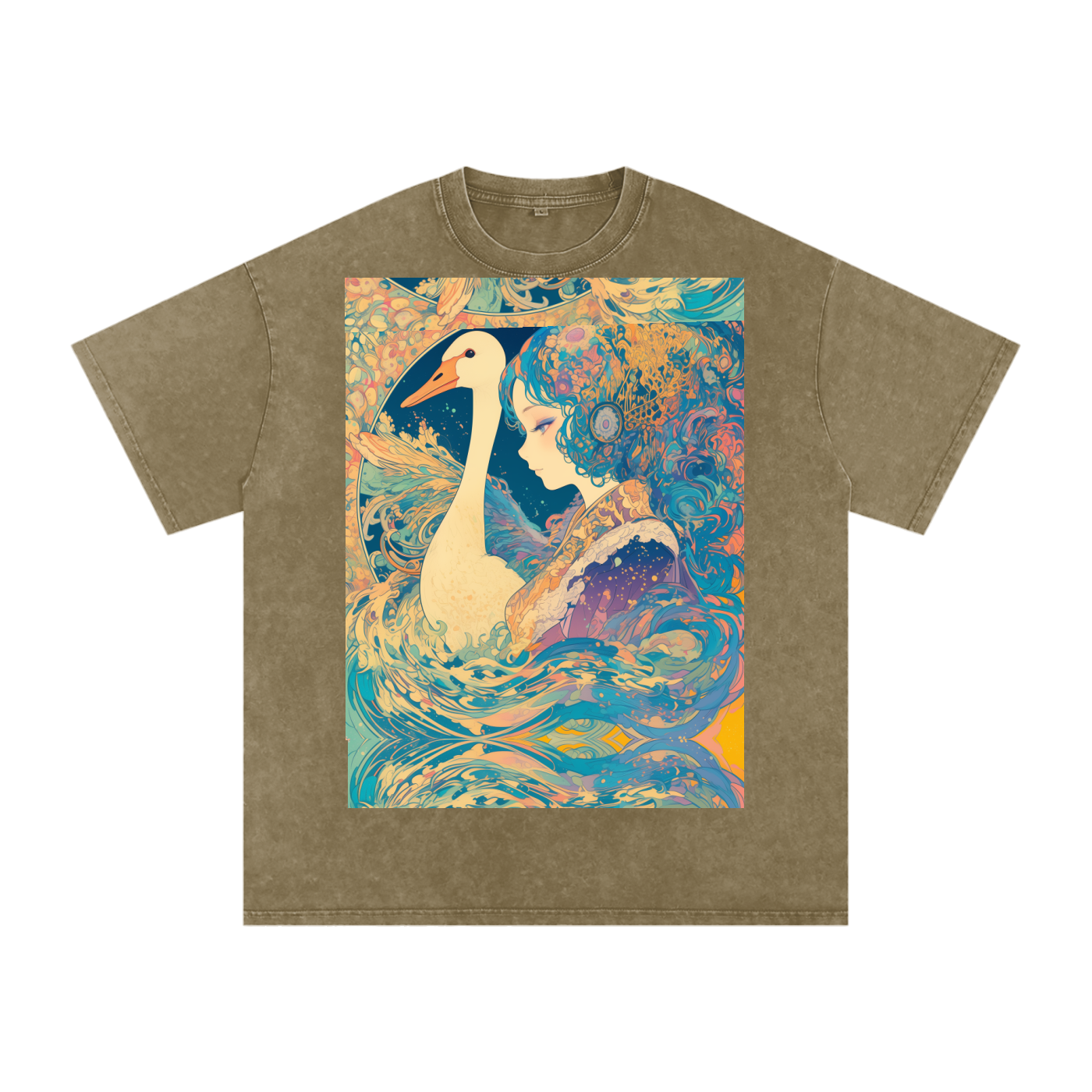 Goose Psychedelic Art Nouveau Moon Beach Wave Bordered Silhouette Anime Pagan Water Goddess Unisex T-Shirt--Snow Washed Oversized Cotton T-Shirt