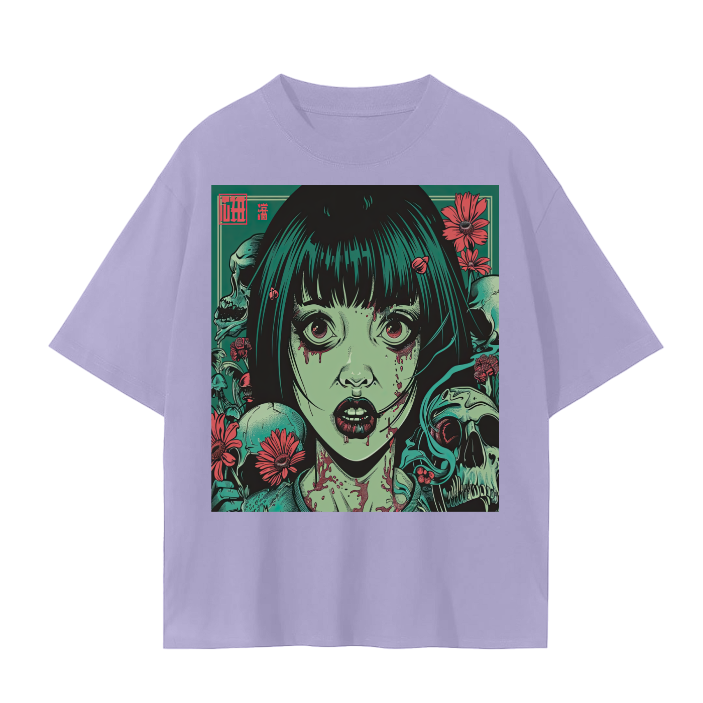 Brutalism Green Face Anime Skull Girl Tattoo Red Floral Unisex Tee Unisex Seamless T-Shirt