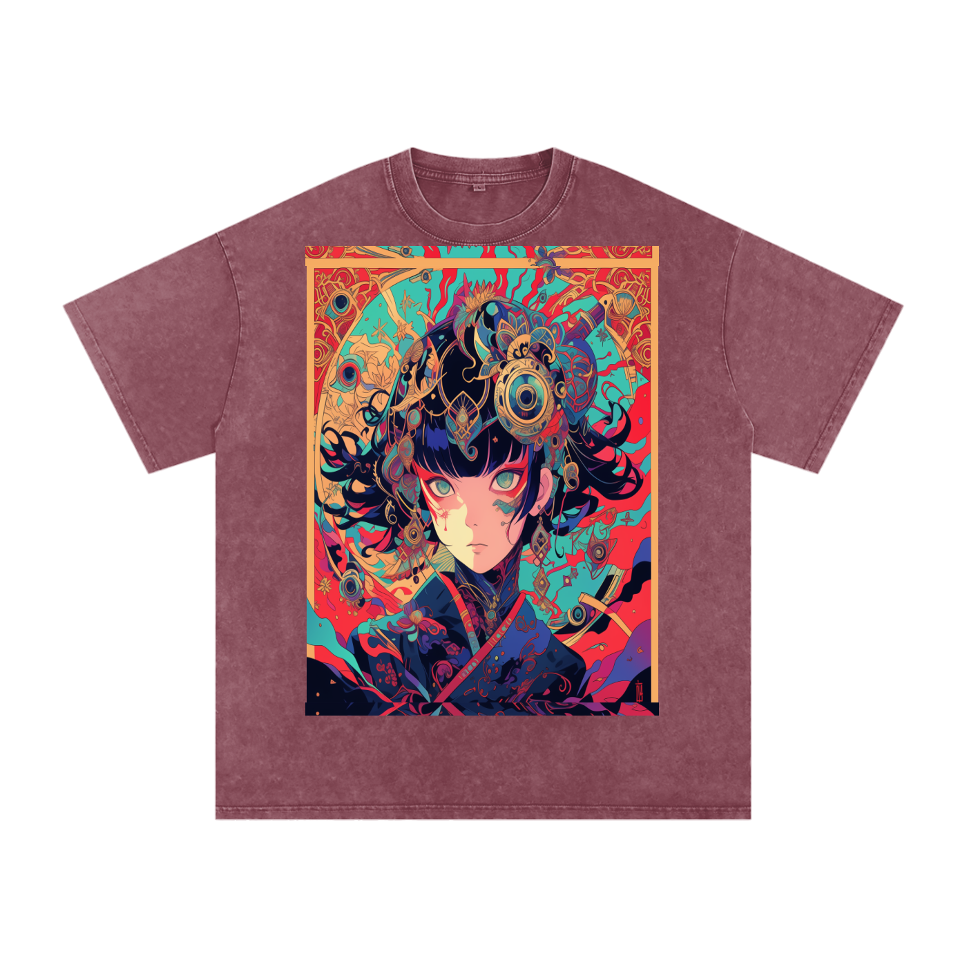 Red Fractal Kimono Anime Avant Lady hot colors Teal Moon Unisex Bordered fractal Tee| Bella Canvas Unisex Tee | Graphic Tee Print Snow Washed Oversized Cotton T-Shirt