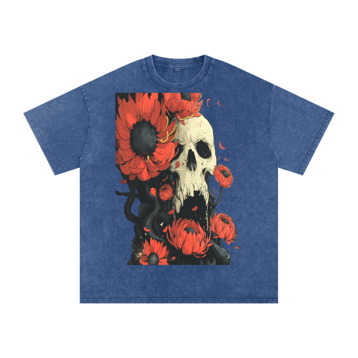 Floral Skull Sepia Goth Petal Octopi Goth Anime Unisex Tee Snow Washed Oversized Cotton T-Shirt