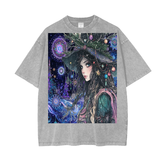Winter Holiday Christmas Foliage Tree Goddess in the woods of Fractal psychedelic Neon Sky Acid Wash Oversize T-Shirt - 250 GSM