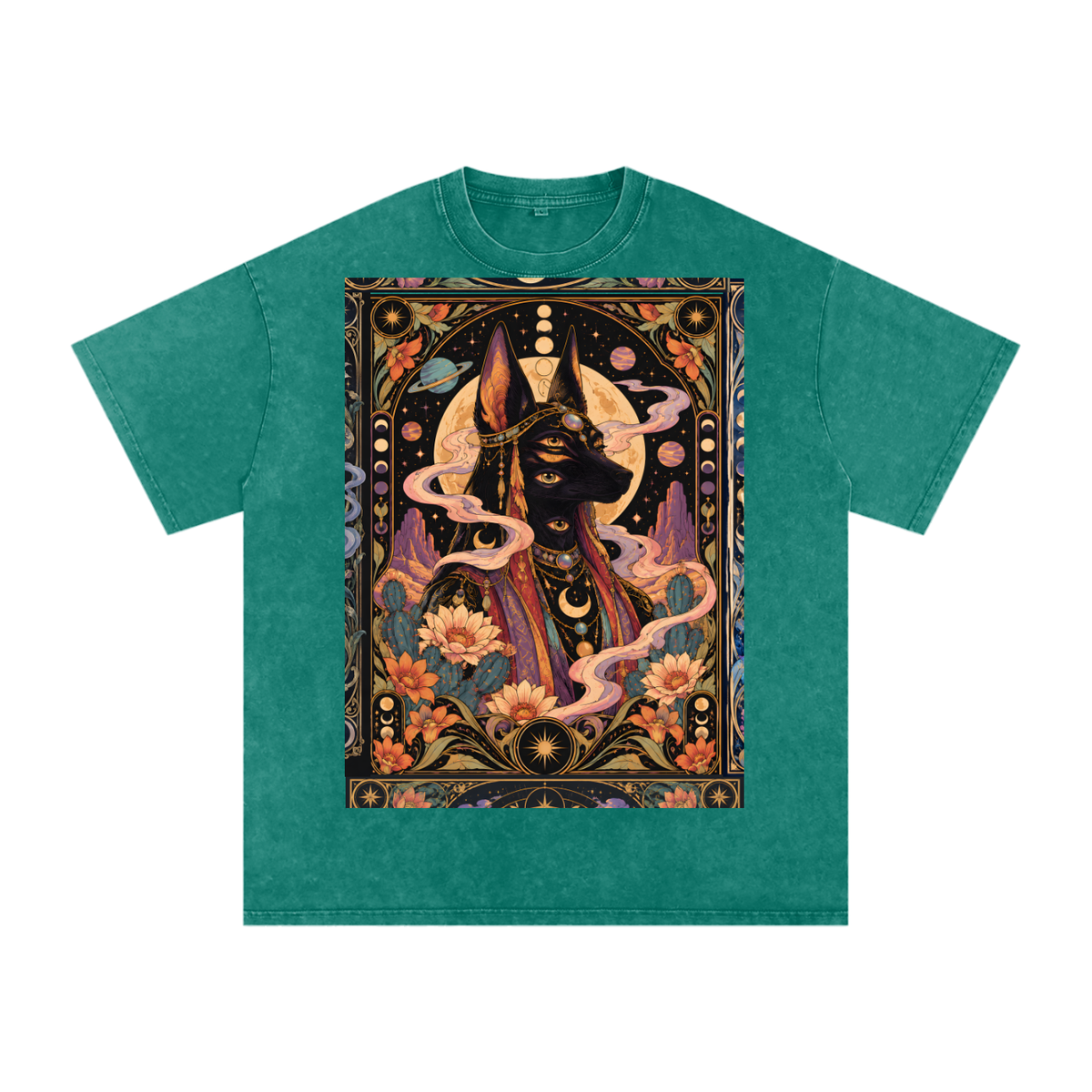 Anubis Egyptian Lotus Moon Tarot Grunge Psy Festival Snow Washed Oversized Cotton T-Shirt Tee