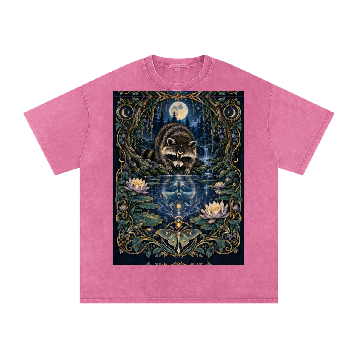 Raccoon Night Woods Lotus Reflection Fall Snow Washed Oversized Cotton T-Shirt