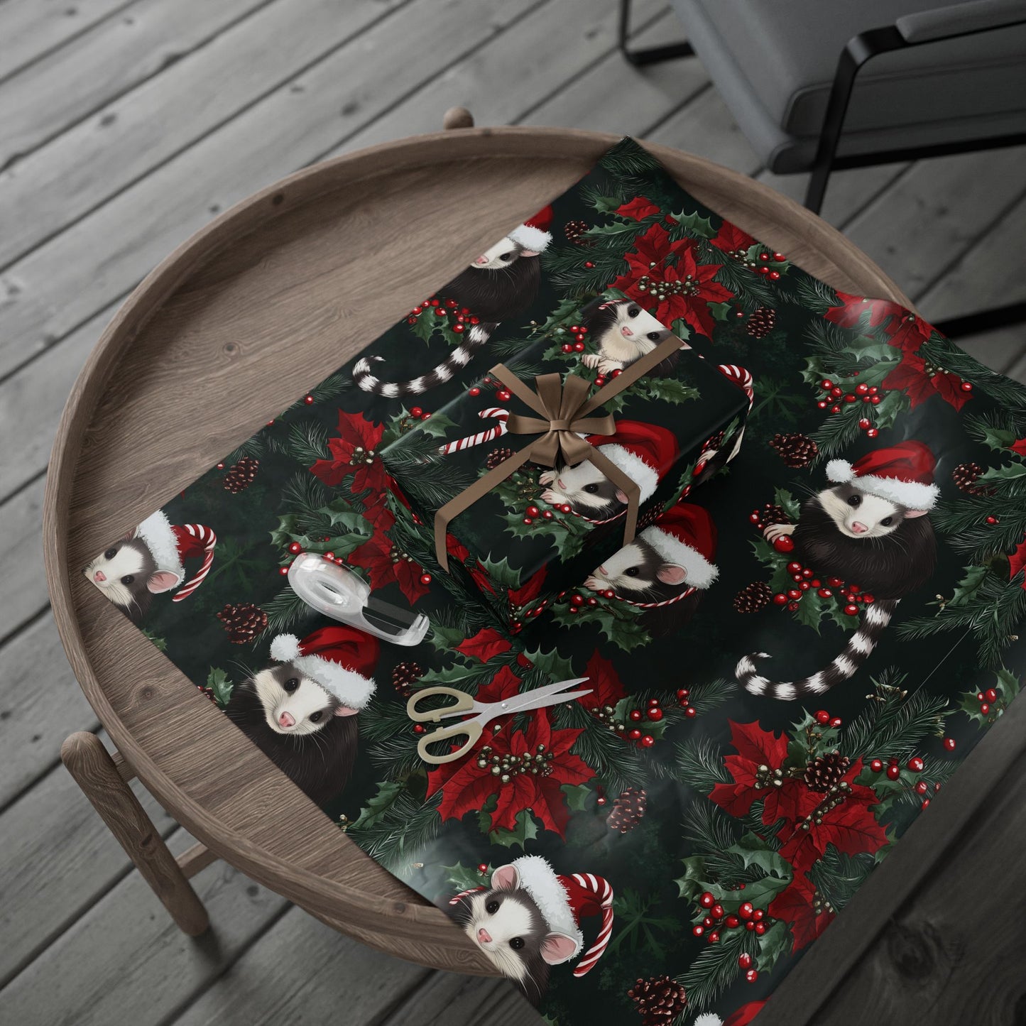 Opossum Trio Cluster PineCone Berries Pine Poinsetta Wrapping Papers