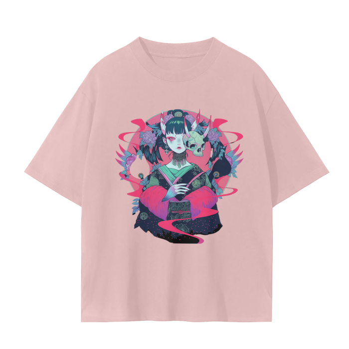 Asian Anime Skull Kimono Samurai Warrior Yokai Vision Appears Regular Fit Drop Shoulder Seamless T-Shirt - 230 GSM