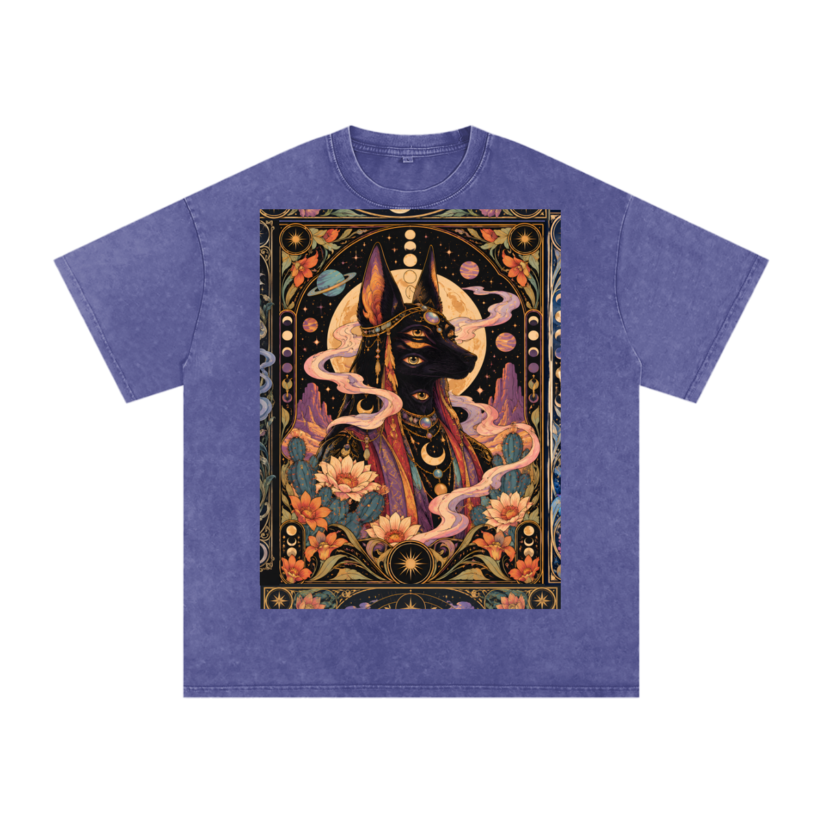 Anubis Egyptian Lotus Moon Tarot Grunge Psy Festival Snow Washed Oversized Cotton T-Shirt Tee