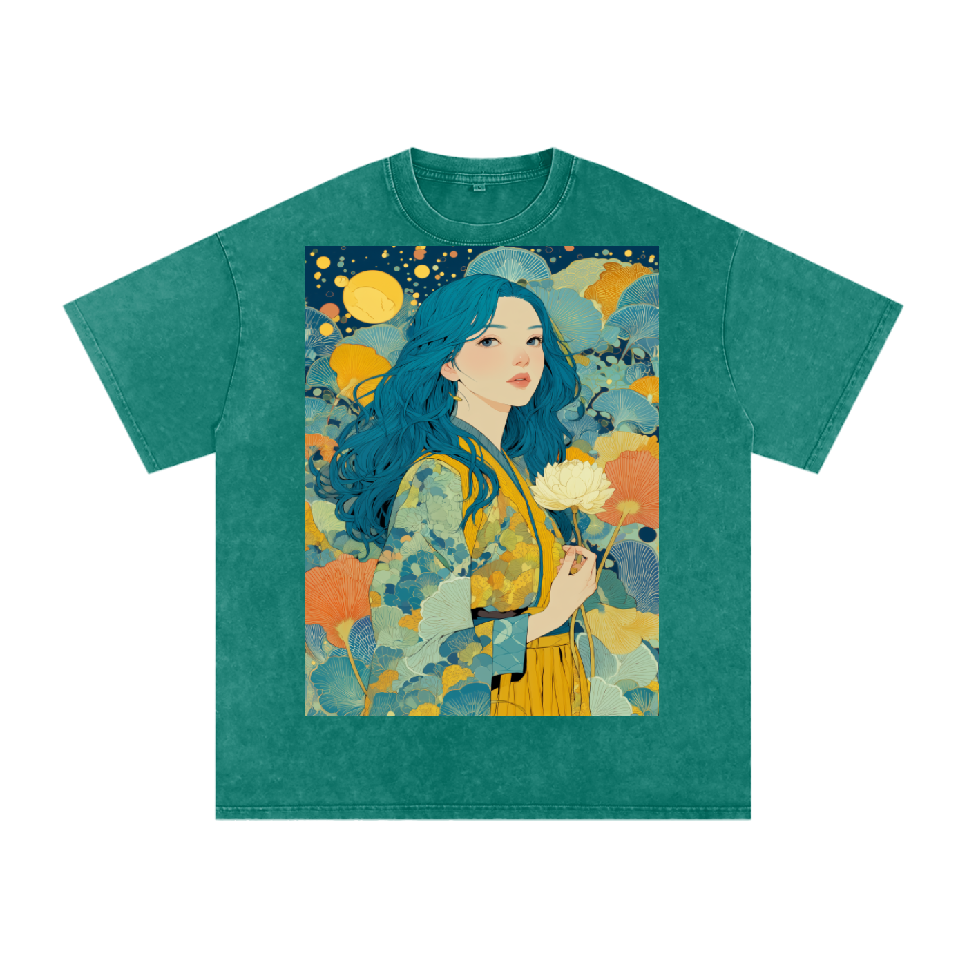 Teal Full Moon Lotus Goddess Psychedelic Art Nouveau Snow Washed Oversized Cotton T-Shirt