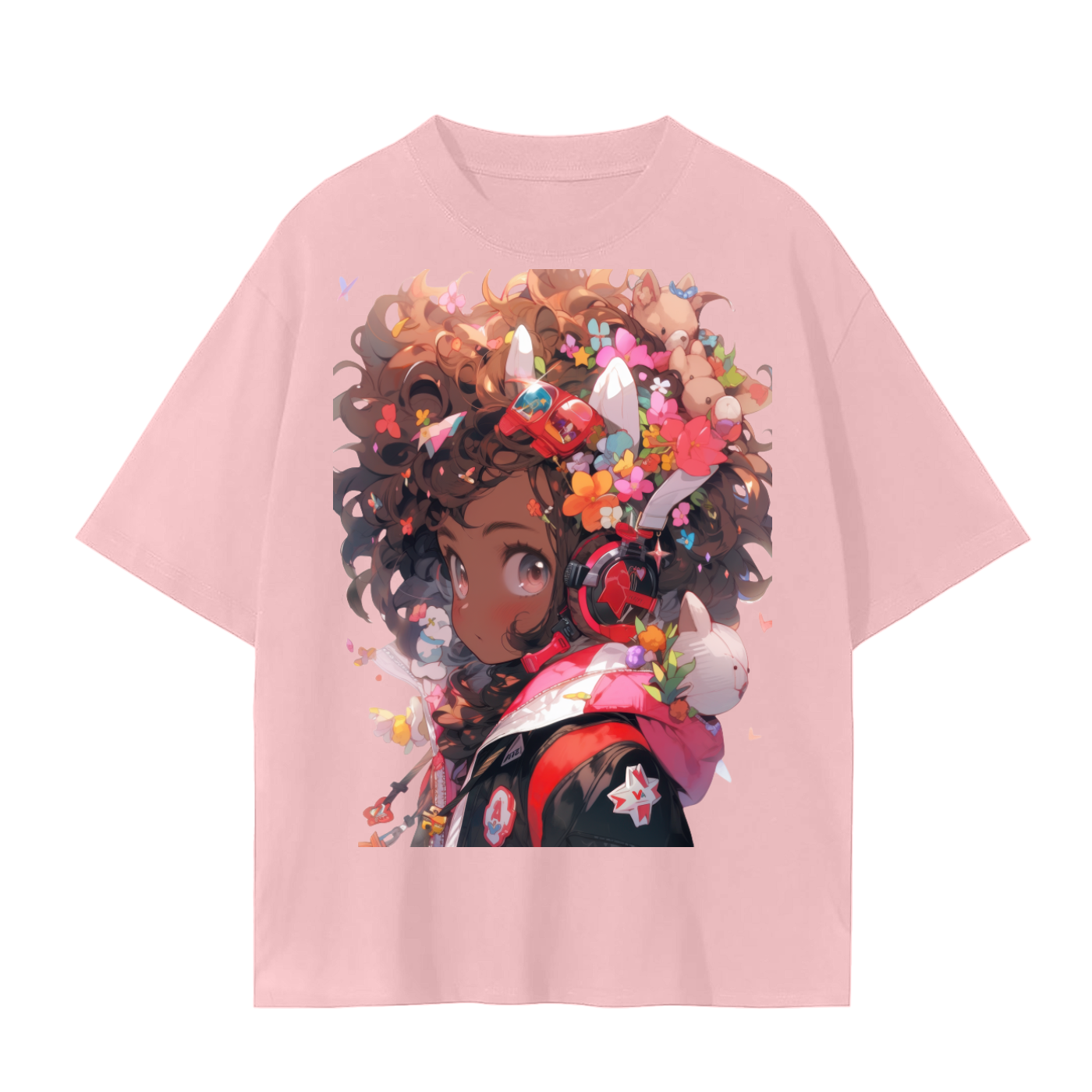 Anime Girl Kawaii Color Pop Unisex Tee – Tan Curly Hair Graphic T-Shirt on Soft Cotton Unisex Seamless T-Shirt