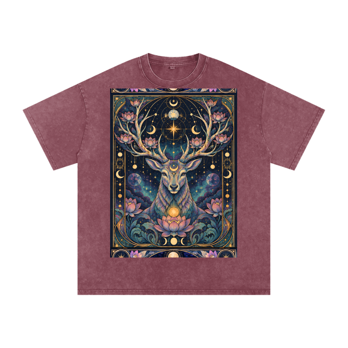Cosmic Space Deer Lotus Moon Grunge Psy Festival Snow Washed Oversized Cotton T-Shirt