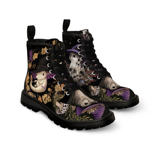 Fall Purple Witchhat Woodland Mushroom Spotted Seal Opossum Axolotl Cottagecore Leave Foliage Halloween Men's Canvas Boots