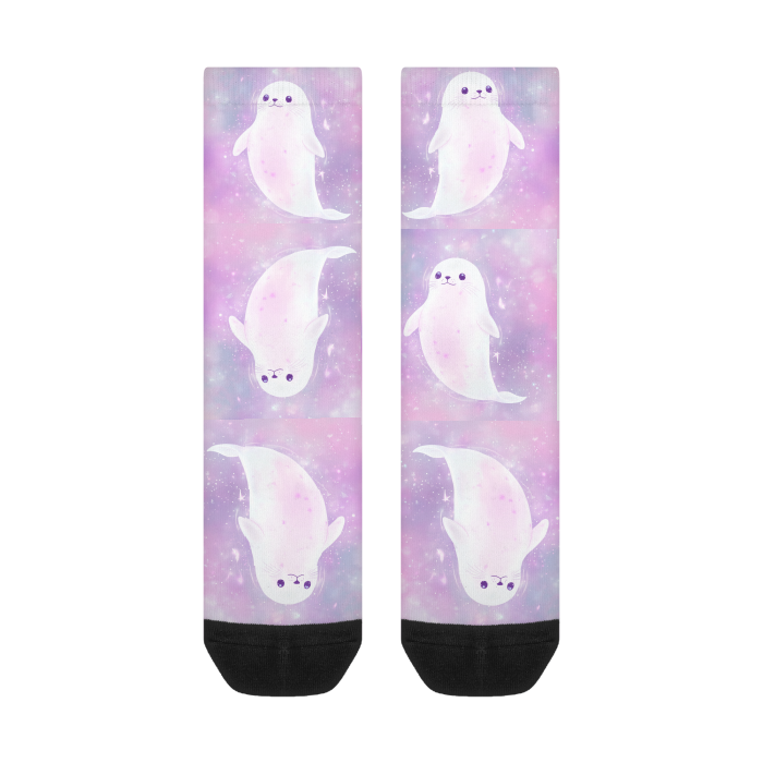 Chibi Pastelcore Lavender space Swirl Anime Harp Seal Floating Ghosts  All-Over Print Color Matching Crew Socks