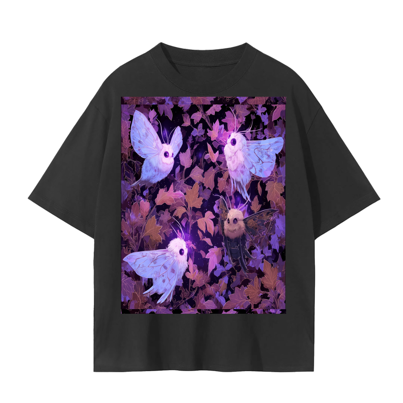 Fall White Fluffy Big Eye Moth Parade Moonlight Leaves Anime Night Unisex Seamless T-Shirt