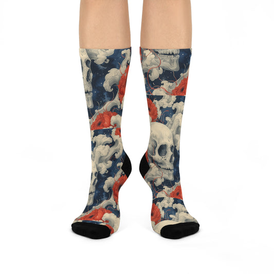 Skull Floral Waves Ancient Japan Anime Art Swirls Cushioned Crew Socks