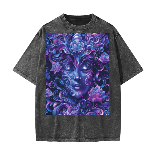 Purple Ultramarine Blue Shaman Woodland Enchanted Forest Deity Festival Psy Streetwear American Vintage Waxed Dyed Washed  Heavyweight 100% Cotton T-Shirt