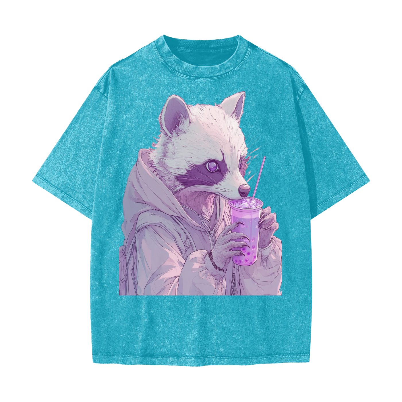 Pastel Pink Lavender Racoon Rainy Day Grunge Punk Anime Boba Tea Boyfriend fit  Acid Wash Oversize T-Shirt - CottonHeavyweight Snow Washed T-Shirt
