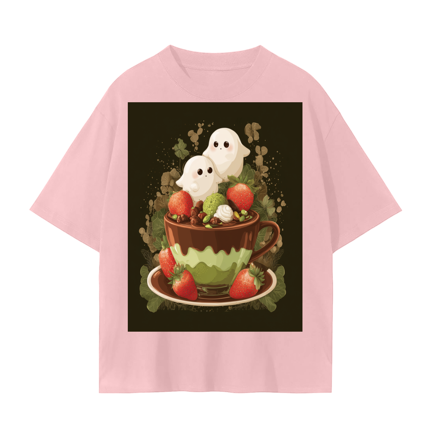 Anime Dubai Chocolate PIstachio Strawberry Cup of Chibi Ghost Kawaii Desert Latte Unisex Seamless T-Shirt