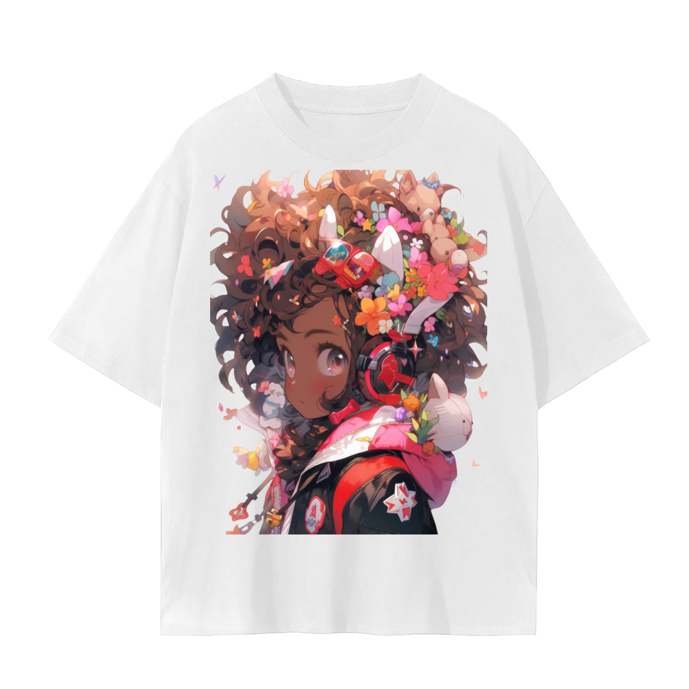 Anime Girl Kawaii Color Pop Unisex Tee – Tan Curly Hair Graphic T-Shirt on Soft Cotton Unisex Seamless T-Shirt