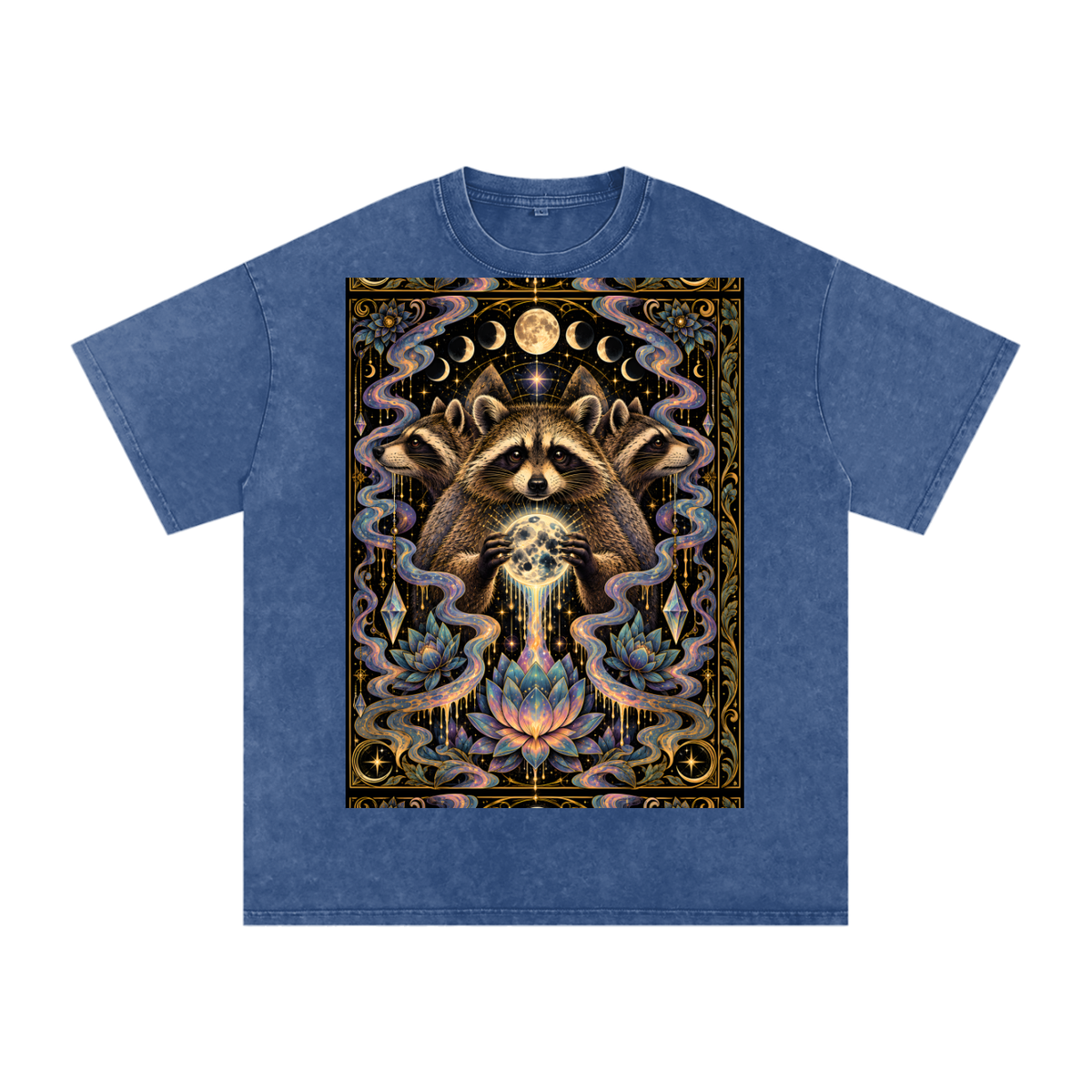 Raccoon Rorshach Moon Lotus Drip Snow Washed Oversized Cotton T-Shirt