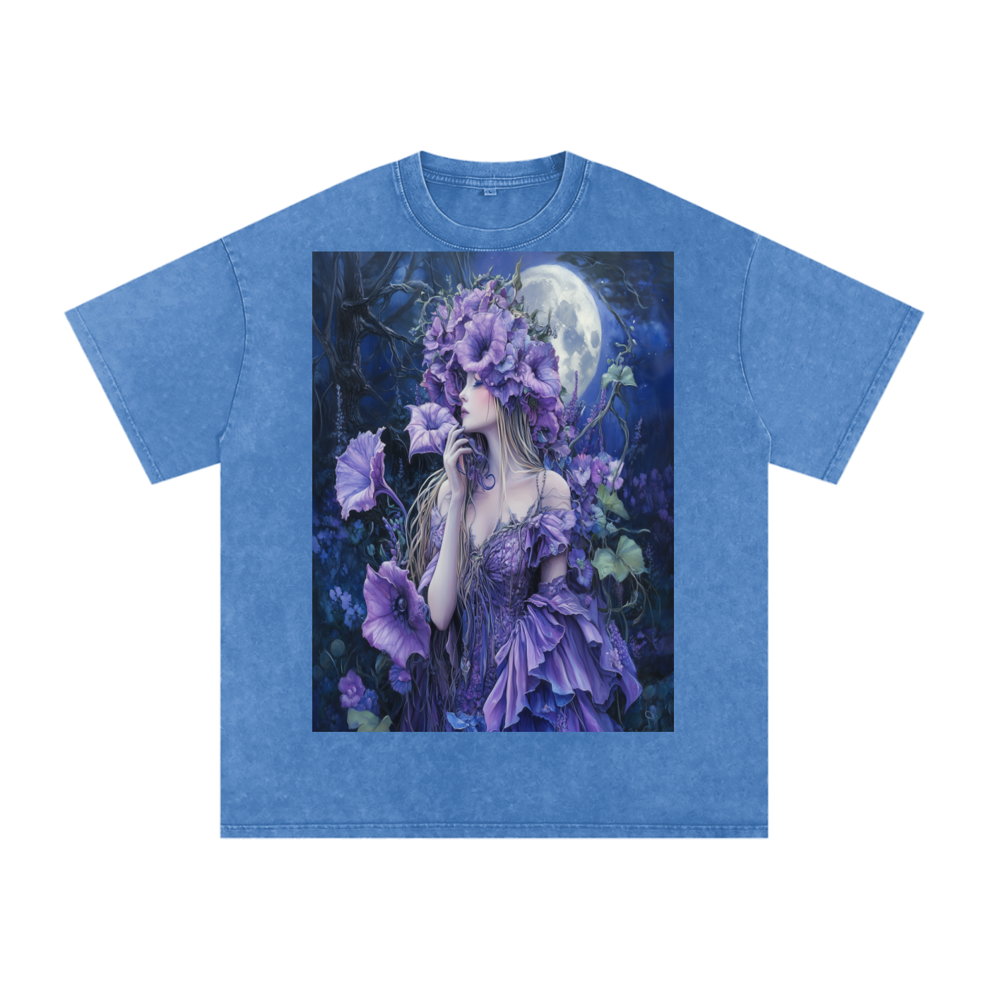 Lavender Datura Moon lit Trumpet Flower Fairy Snow Washed Oversized Cotton T-Shirt